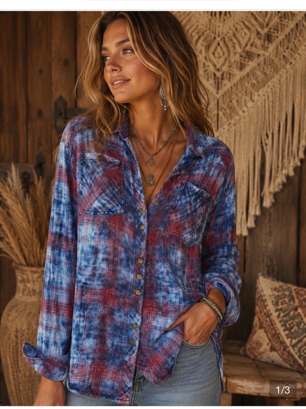 Tie-Dye Button‑Front Women's Shirt - Blue & Red, S/P